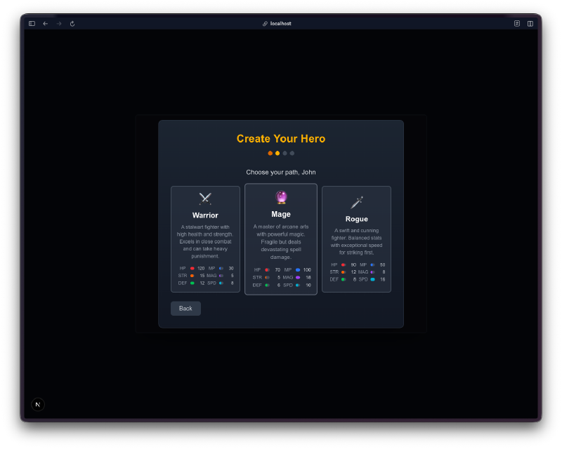 Class selection screen
