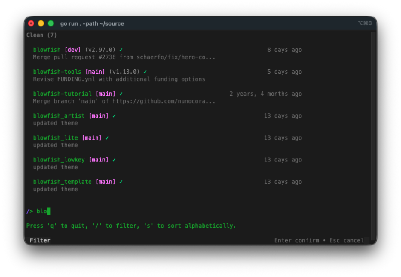 GitDash main view showing repos grouped by status