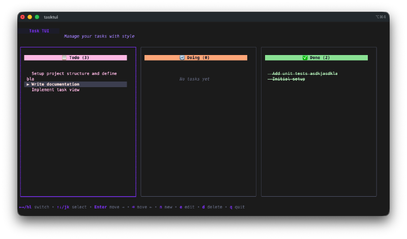 TaskTUI kanban board with three columns