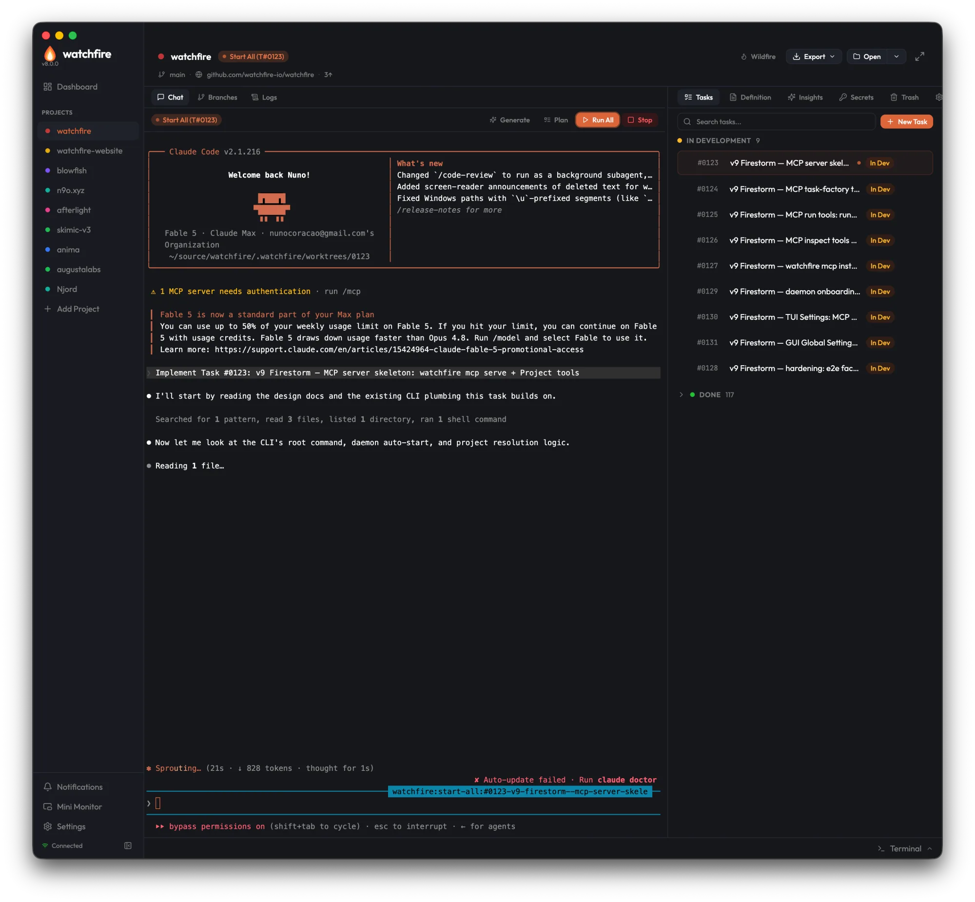 Watchfires eigenes Projektfenster mit der v9-Task-Warteschlange in Entwicklung