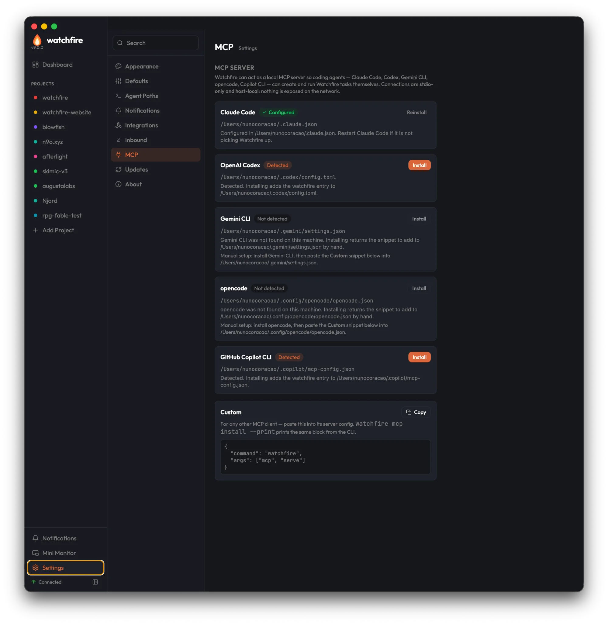 Die Seite Settings → MCP mit Ein-Klick-Installationen pro Agent