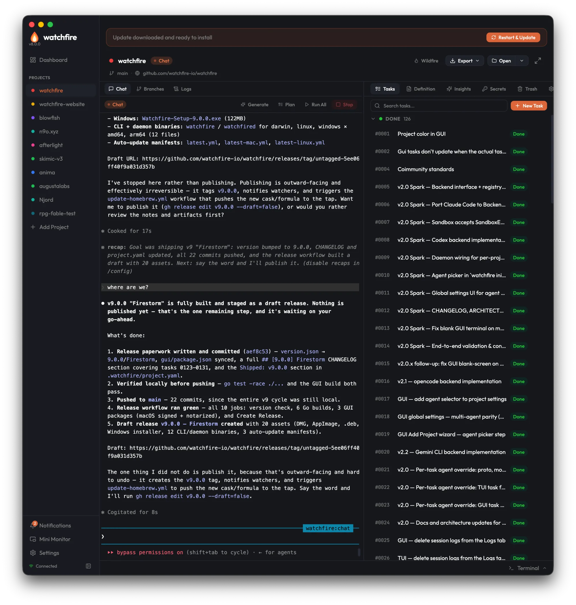 Der Watchfire-Agent meldet, dass v9.0.0 als Draft-Release vorbereitet ist