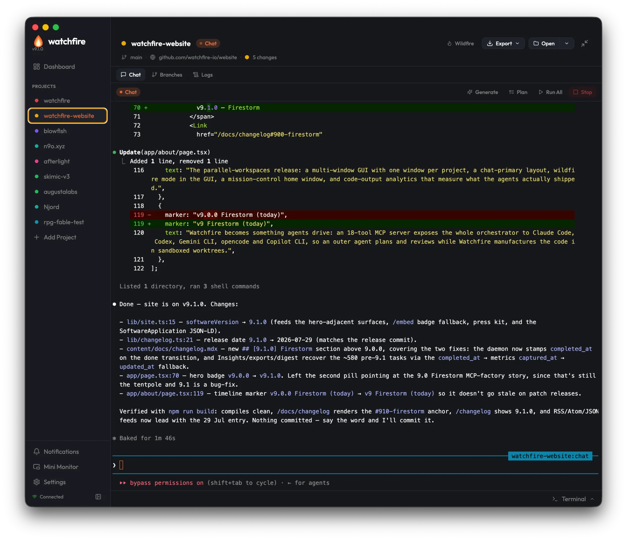 Ein Watchfire-Agent aktualisiert watchfire.io auf v9.1