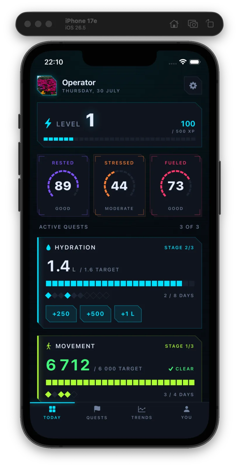 Der Heute-Bildschirm von FitQuest auf iOS