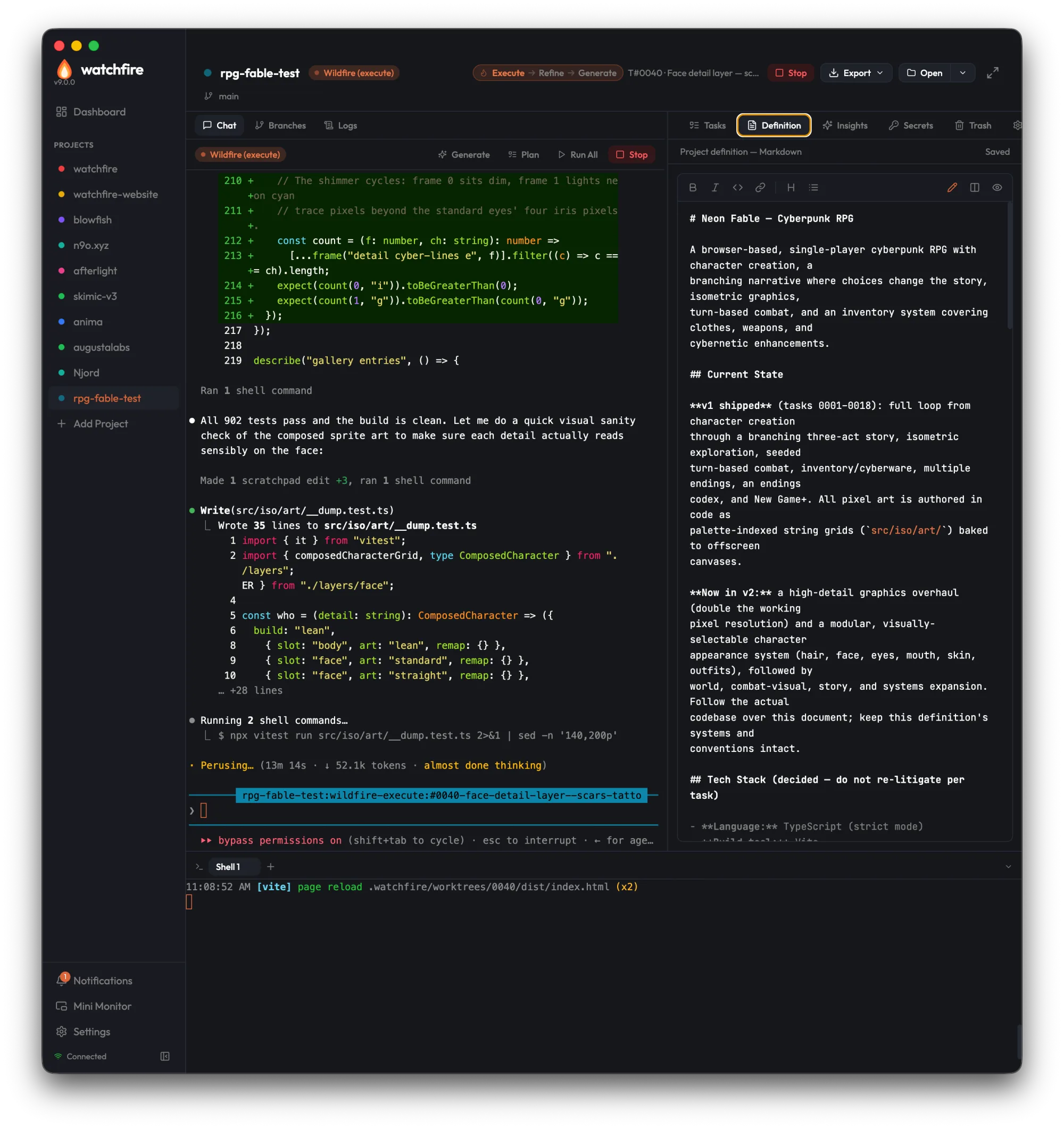 Wildfire läuft mit der geöffneten Projektdefinition von Neon Fable