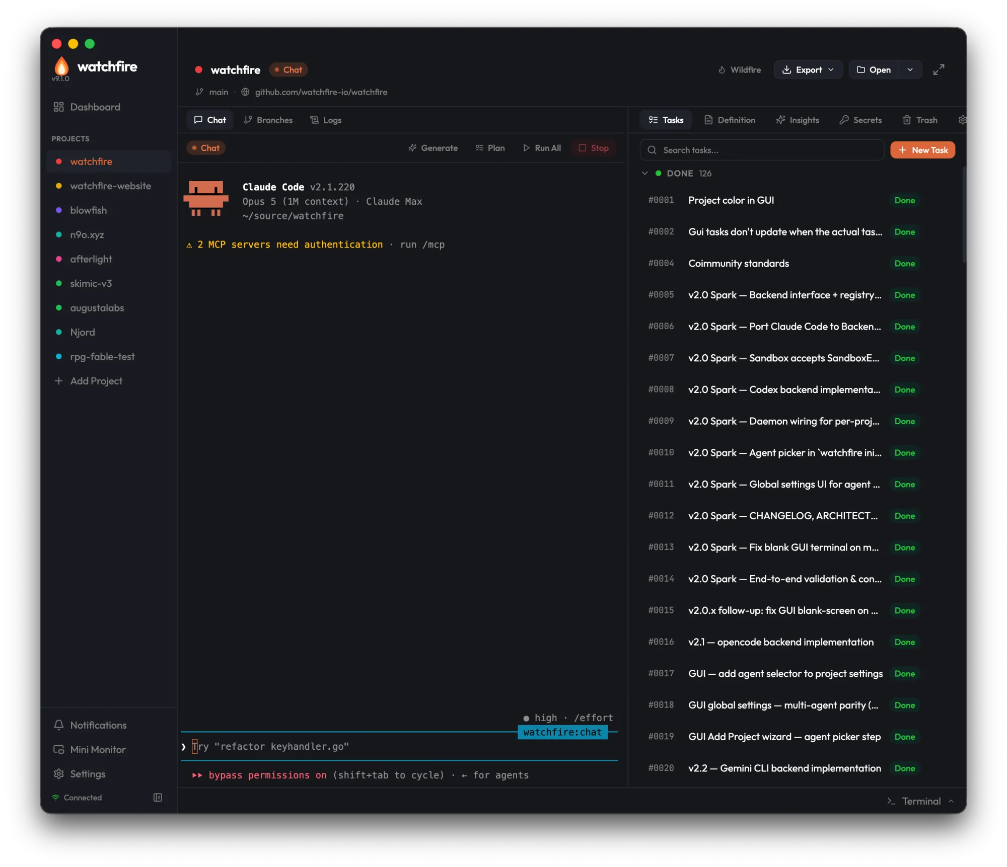 Ein Watchfire-Projektfenster mit dem Agenten-Stream links und der Task-Warteschlange rechts