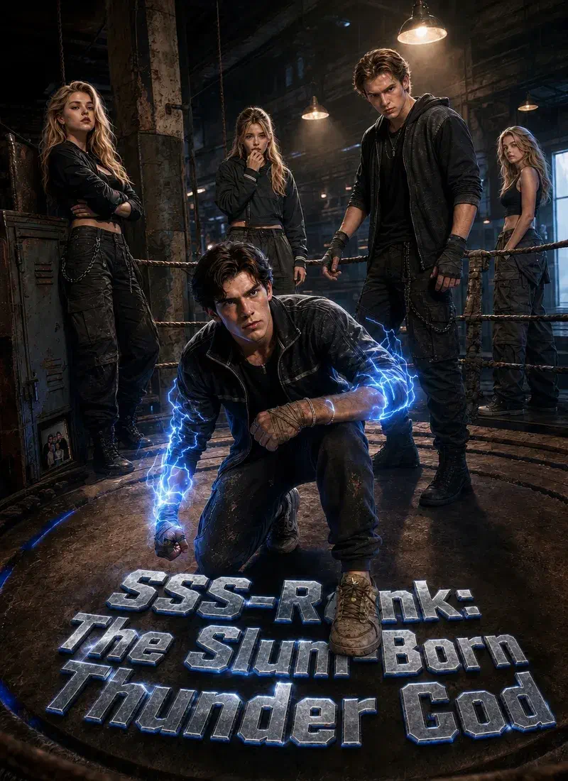 Poster zu SSS-Rank: The Slum-Born Thunder God. Ein junger Mann kauert in einem Boxring, blaue Blitze um seine Fäuste. Hinter ihm stehen drei nahezu identische blonde Frauen und ein finster blickender Mann im Hoodie. Der Titel ist in Metallbuchstaben in den Boden gestanzt.